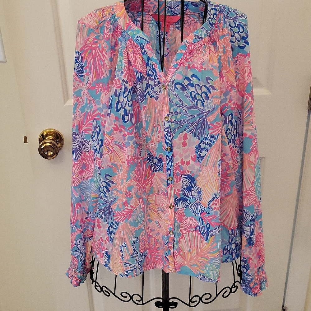 Lilly Pulitzer Pink & Blue Floral Peasant Button-Front Blouse